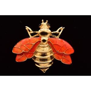 Don Lin Vintage Flying Insect Pin Brooch Orange Enamel Gold Tone Signed BinBG